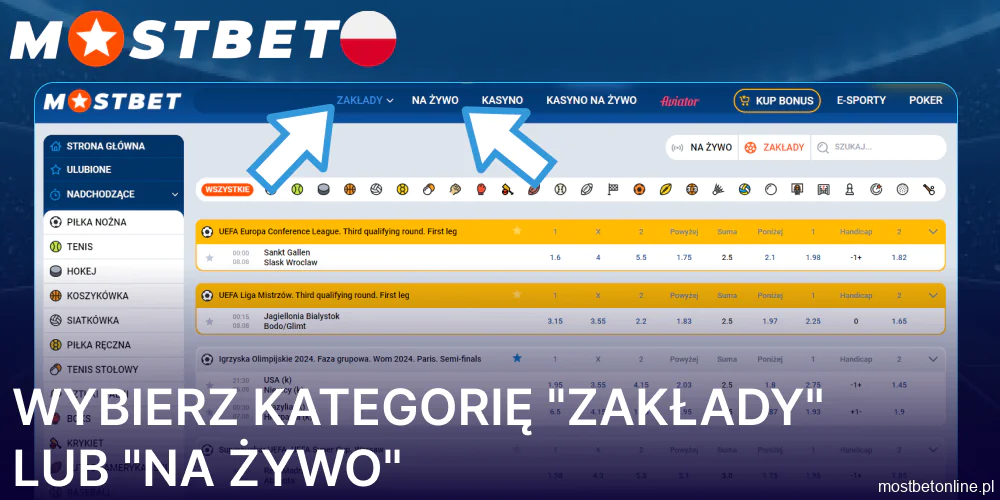 Wybierz kategorię Zakłady w Mostbet