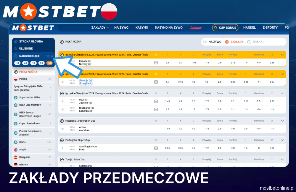 Dostępne zakłady przedmeczowe na stronie Mostbet