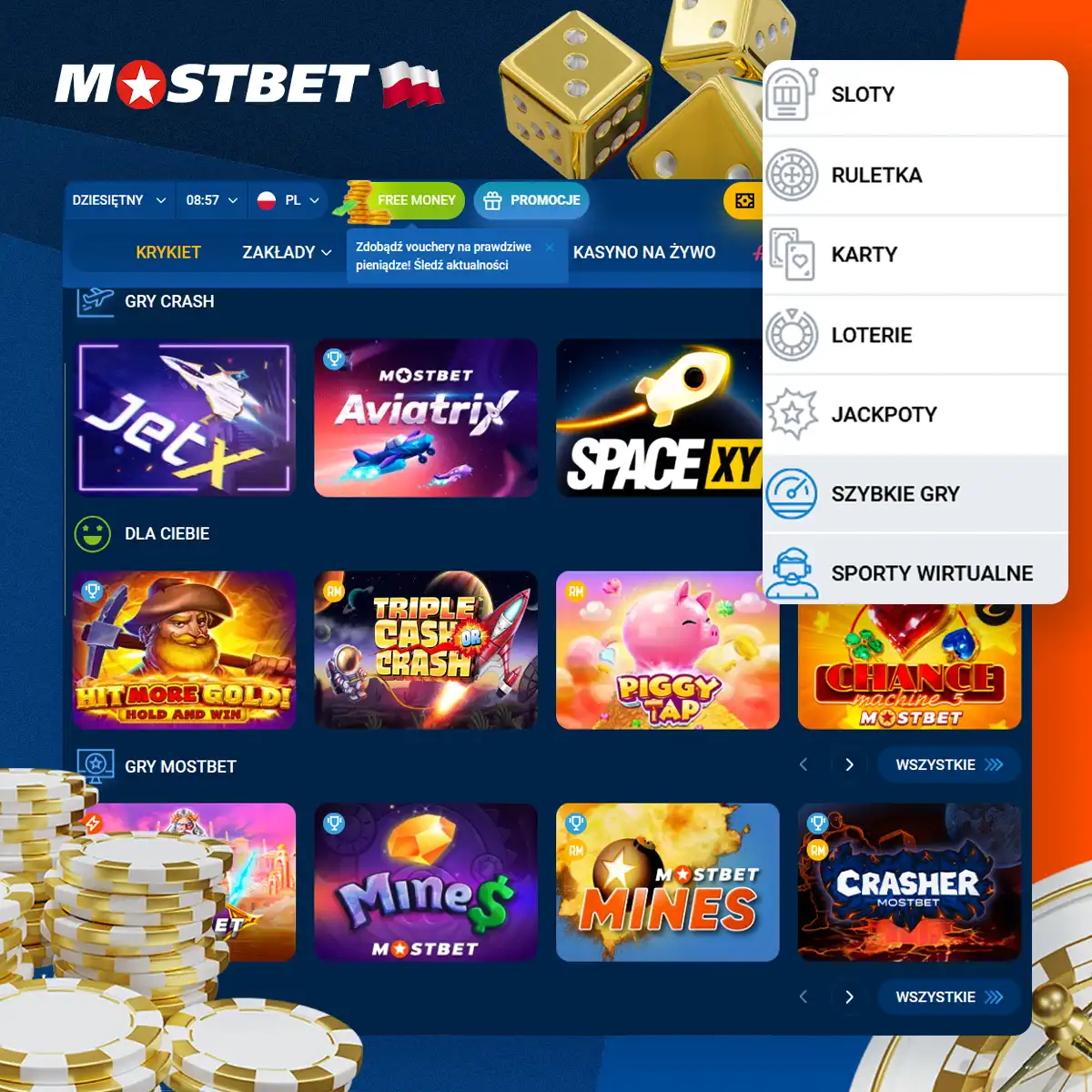 Ogromny wybór gier z różnych kategorii w kasynie Mostbet