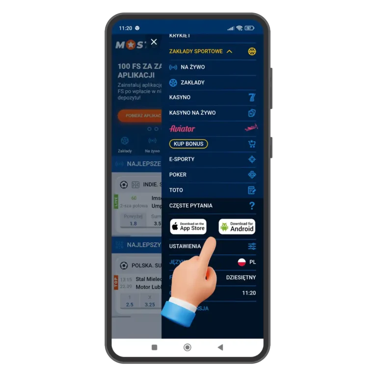 Przejdź do menu na stronie Mostbet i kliknij ikonę Androida, krok 1