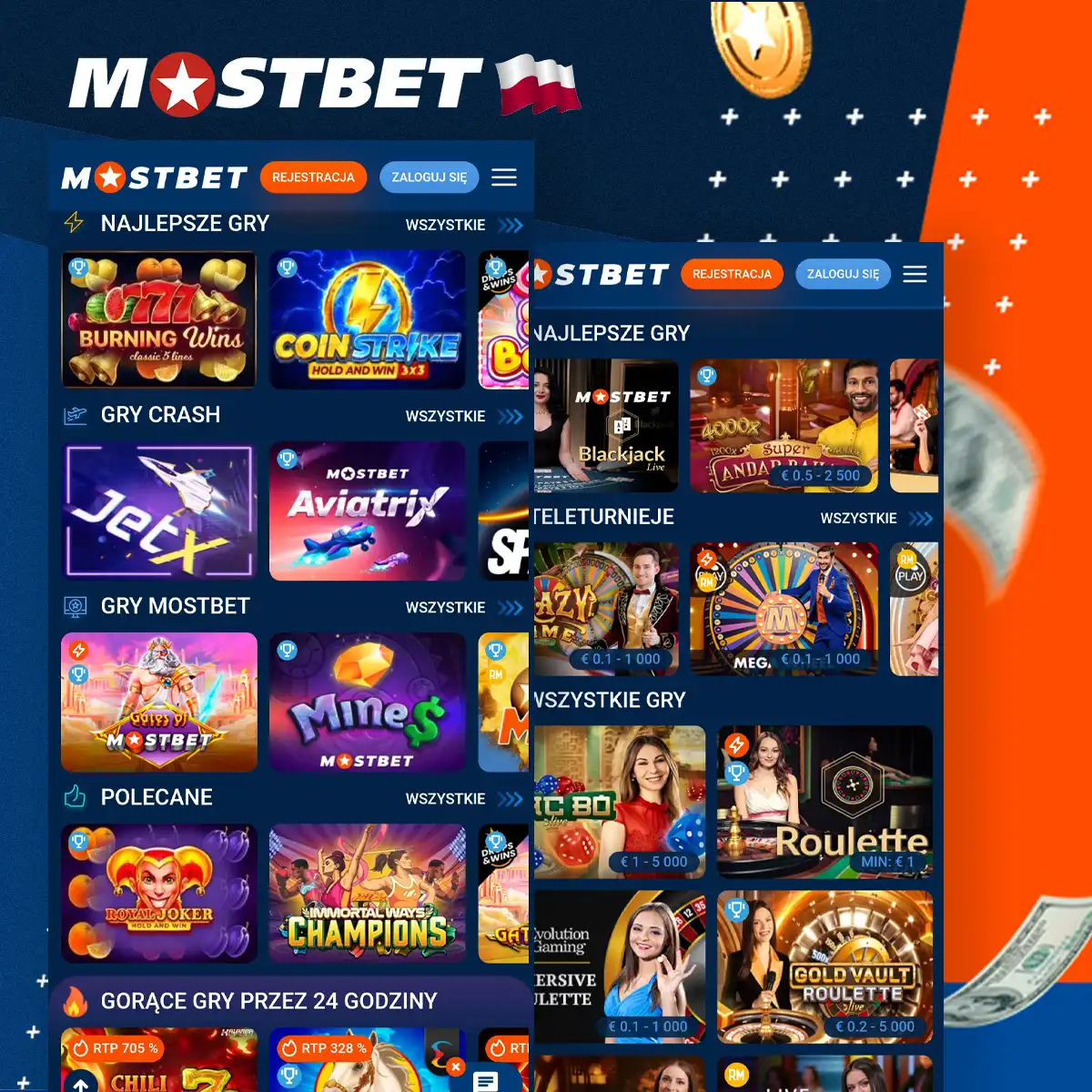 Duży wybór gier kasynowych w aplikacji Mostbet